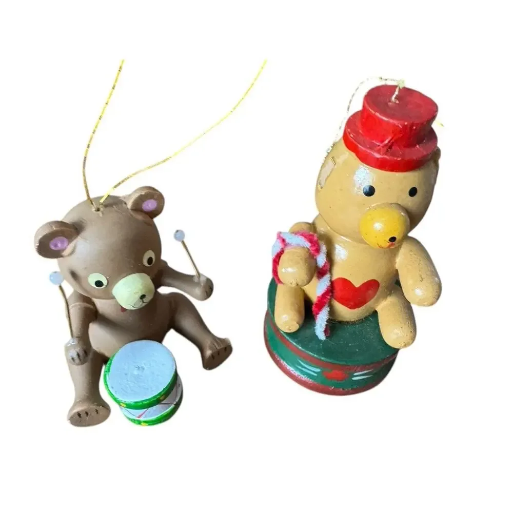 Vintage Wood Christmas Holiday Ornaments Lot Bears Santa Japan‎ Taiwan Drum READ